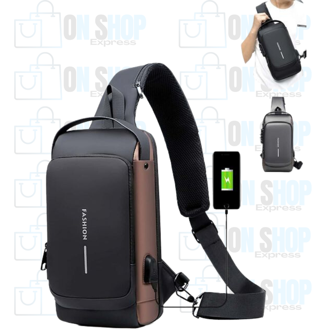 Bolsa Impermeável Antifurto Com Carregamento USB - Fibra de Carbono